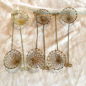 6 Vtg Gold Brass Metal Mesh Spoon Scoop Wire Oil Skimmer Strainer Fried Fondue